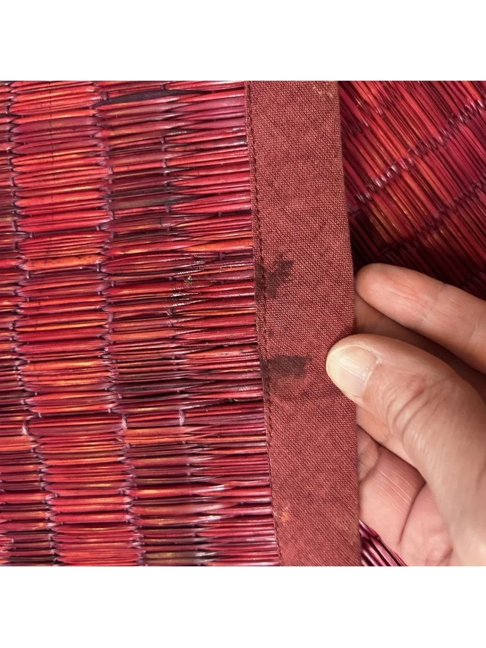 4 pc World Market Grasscloth Placemats Boho 13x19 Wine Red Linen Trimmed